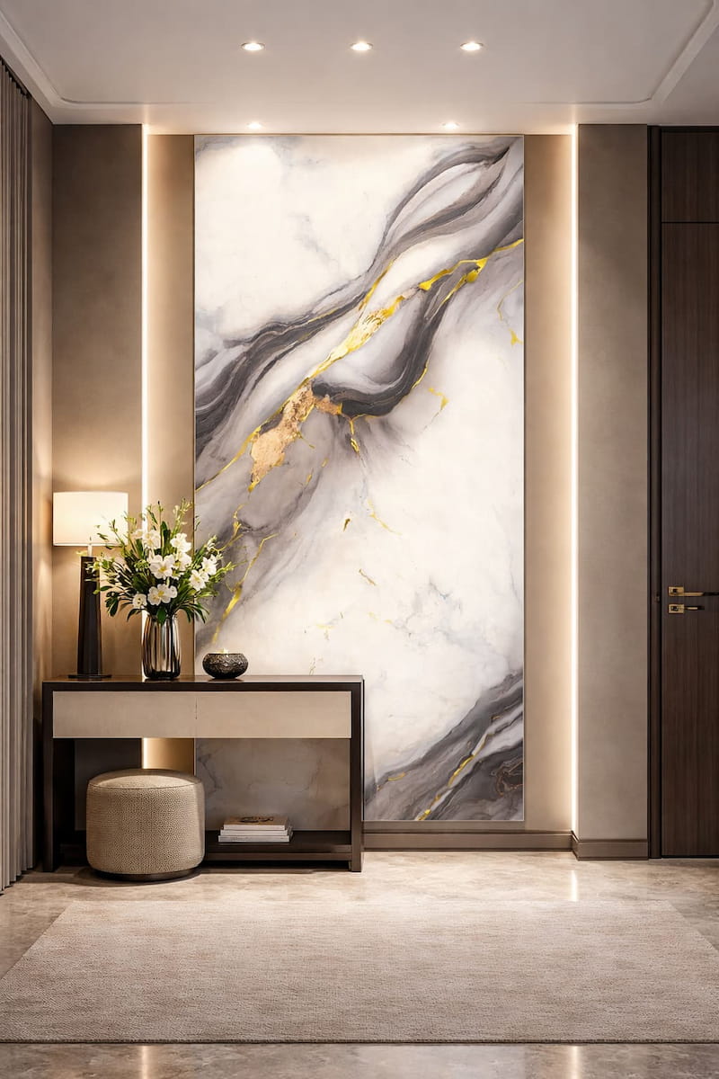 Ufficio direzionale con parete effetto marmo bianco, blu e oro